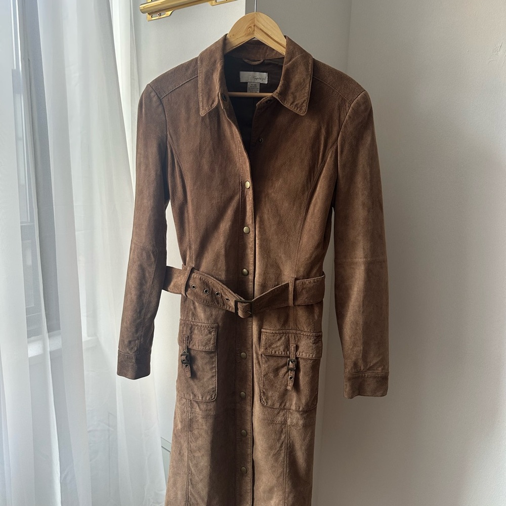 VINTAGE 90s CBK Spiegel Brown Suede Leather Belted Utility Shirt Dress SMALL